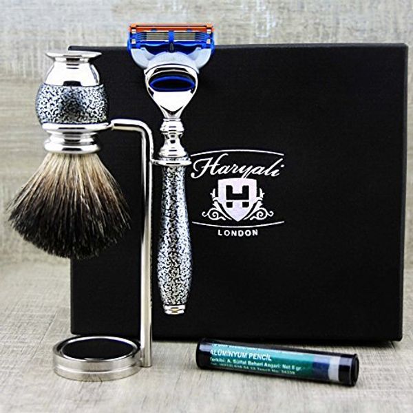 Haryali London 5 Edge Shaving Razor With Black Badger Hair Shaving Brush, Stand and Alum Perfect Shaving Kit For Mens