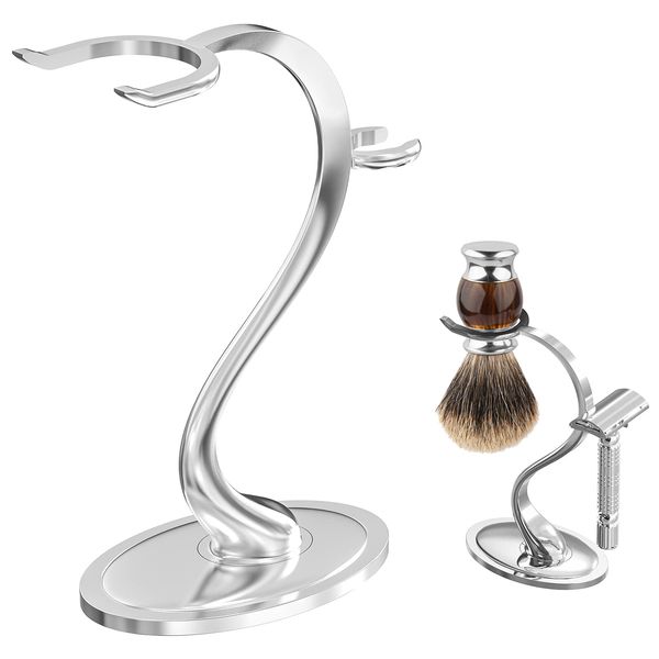 Linkidea Razor Holder Stand, Stainless Steel Shaving Brush Holder with Non-Slip Base, Safety Shaver Kit Organizer for Shower Room, Bathroom (Chrome)