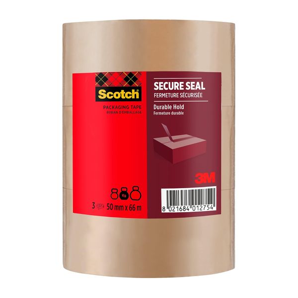 Scotch Secure Seal Packaging Tape Brown 50 mm x 66 m 3 Rolls/Pack - Ideal for Packing Boxes and Parcels