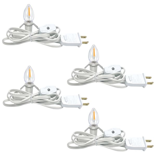 4 Pack Lights Accessory Cord with 4 C7 Led Light Bulb, Clip-in Lamp Cord Replacement, Candelabra-Base E12 Socket White Cord with On/Off Switch Pluggs for Holiday Decorations