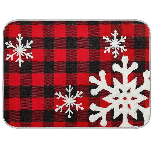 Christmas Red Plaid Snow Snowflake Dish Drying Mat 16x18 inch Red Black Lattice Texture Dish Drainer Kitchen Counter Mats Bottles Dish Dry Pad Protector for Kitchen Countertops