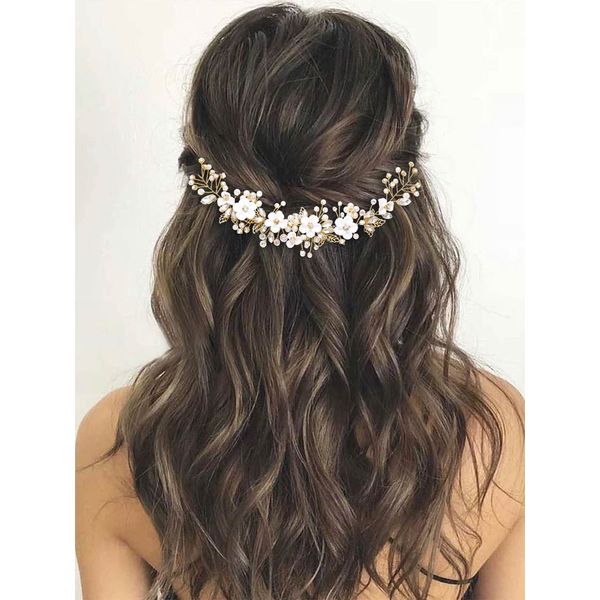 GORAIS Flower Bride Wedding Hair Vine Crystal Bridal Headpieces Pearl Hair Accessories for Women and Girls (B-Gold)