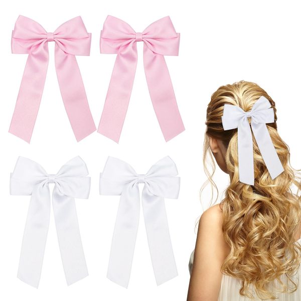 4 Pack Hair Bows Hair Clips Satin Bows for Hair, White Bow Hair Clips Hair Accessories for Girls and Women(White, Cherry Pink)