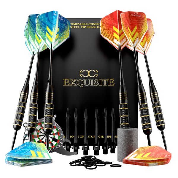 CC-Exquisite Professional Steel Tip Darts Set - 6 x 22g Brass Barrels with 12 Flights Standard/Slim, 12 Aluminum Shafts 35/48mm, 12 O-Rings, Dart Tool (‎Black - Luminary 18g/22)