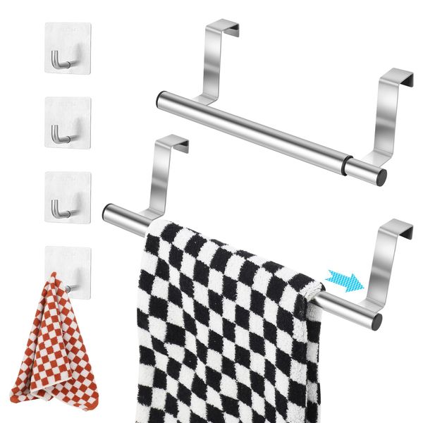 RosewineC 2Pcs Over Door Towel Rail,Installation-free Stainless Steel Over Cabinet Door Tea Hand Towel Rack,Silver Towel Bar Holder No Drilling for Kitchen Bathroom with 4 Hooks