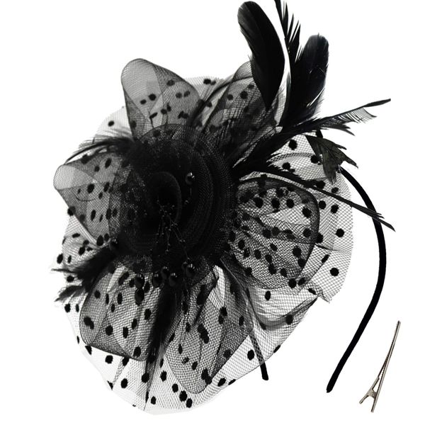 Fascinators for Women Tea Party Headband Kentucky Derby Hats Cocktail Flower Mesh Feathers Headwear Hair Clip for Wedding Black