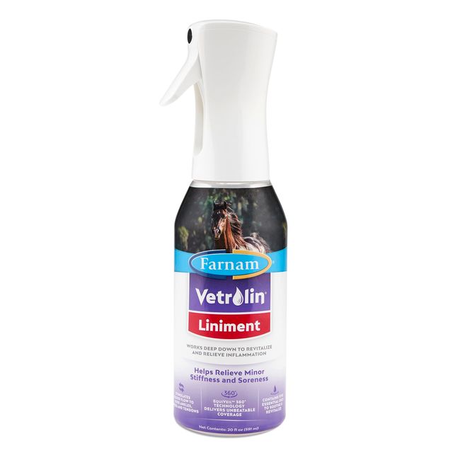 Farnam Vetrolin Horse Liniment Spray for Muscle Soreness, Stiffness and Inflammation Relief, Helps Reduce Swelling, Aids in Pain Relief, Non-Aerosol Spray, Easy Application, 20 Oz.