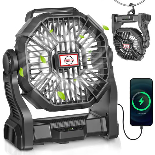 Portable Rechargeable Camping Fan, Cordless Battery Powered Outdoor Fans with LED Light, High Speed Beach Fan with Hanging Hook, 270°Rotation USB Personal Cooling Fan for Tents, Camp, Travel, Fishing