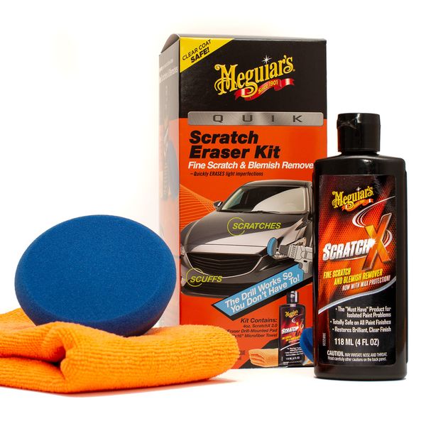 Meguiar's Quik Scratch Eraser Kit, Car Scratch Remover for Repairing Surface Blemishes, Car Care Kit with ScratchX, Drill-Mounted Pad, and Microfiber Towel, Multicolour