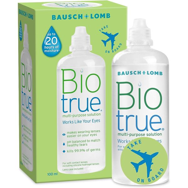 Biotrue Multi-Purpose Travel Contact Lens Solution, 100 ml Flight Pack, Cushions and Rehydrates Soft Contact Lenses Comfortable Wear-Condition, Clean, Remove Protein, Disinfect and Rinse