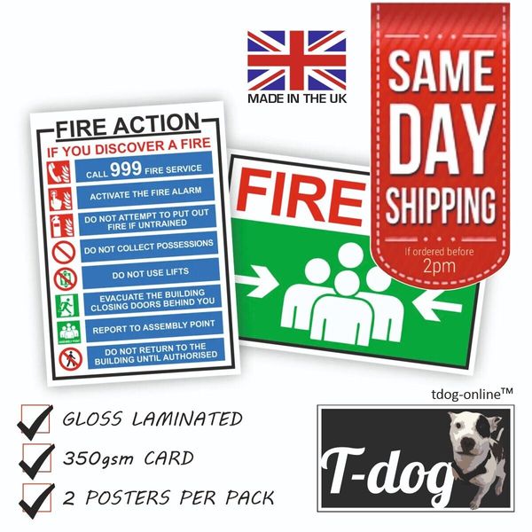 FIRE HEALTH & SAFETY SIGNS Posters 2 x Laminated A4 on Heavy Card