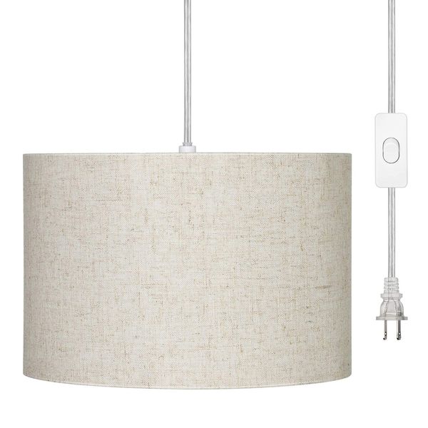 DEWENWILS Plug in Pendant Light, Hanging Light with 15Ft Clear Cord, On/Off Switch, Beige Linen Shade, Hanging Light Fixture for Bedroom, Kitchen, Living Room, Dining Table