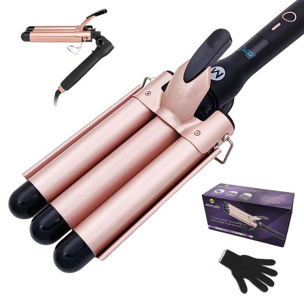 Mistcado 3 Fässer Welleneisen, 25mm Keramik Turmalin Haar Lockenstab Waver Wand mit LCD-Temperaturanzeige, Schnelle Heizung Faltbar Crimpers für Reisen