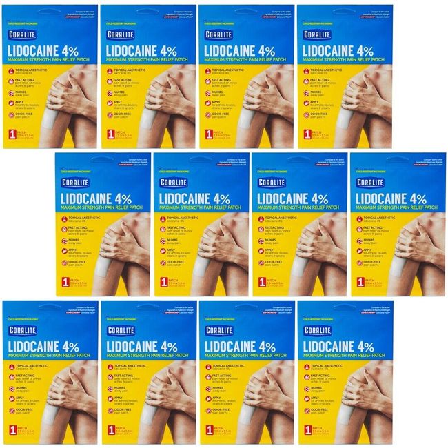 12 Coralite Lidocaine 4% Pain Relief Patch Max Strength 3.9" x 5.5" Exp 03/2026