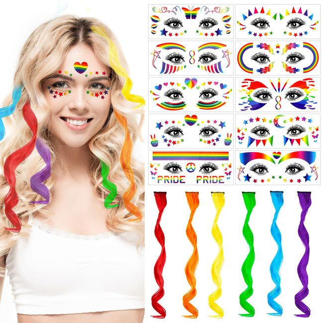 DPKOW Regenbogen Haarverlängerungen Gesicht Tattoo Stolz Zubehör, 6 Farbe Bunte lockiges Haar Extensions Clip In/On für Mädchen Frau Haar Zubehör, 10 Blätter Stolz temporäre Tattoos Regenbogen Make-up