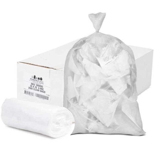 Plasticplace 6 Gallon Trash Bags │ 6 Microns │ Clear Garbage Can High Density Liners │ 20" x 22" (2000 Count)