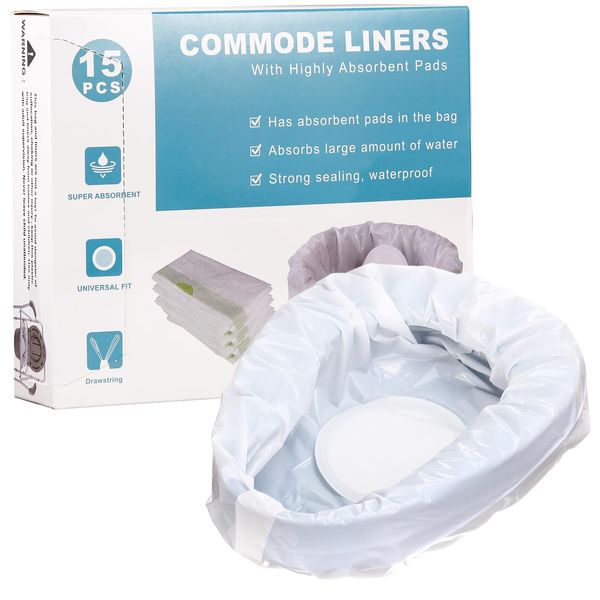 Commode Liner Bag 15pcs Bedside Commode Liner with Absorbent Pads Disposable Bed Pan Liners Portable Waste Bag Toilet Bags Fit Most Standard Toliet Chair Bucket