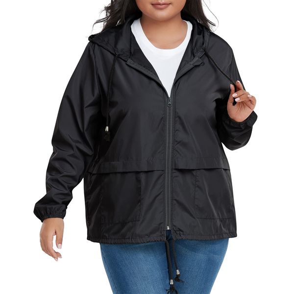 American Trends Plus Size Women Rain Coats Lightweight Waterproof Outdoor Rain Jacket Hooded Packable Windbreaker Jacket for Women A Black 3XL