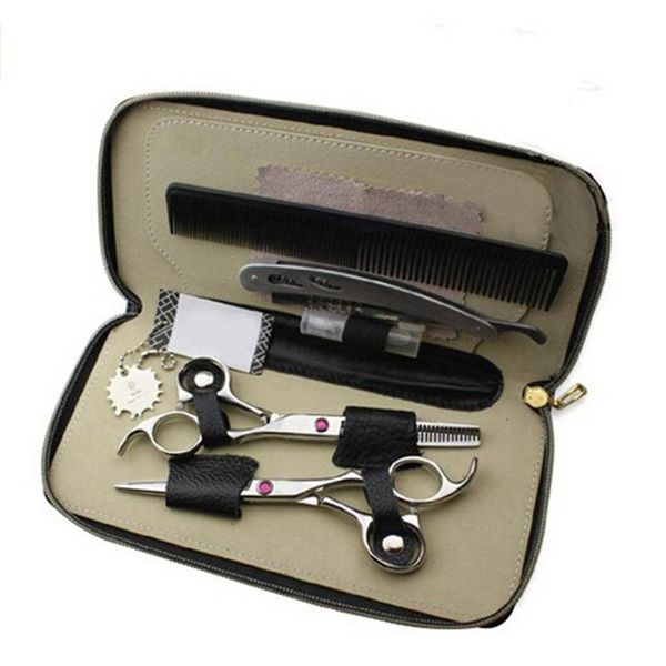 Leier Professional Hairdressing Scissors Styling Tools Set 62HRC Hair Cutting & Thinning with Razor, Comb, Clothes in Case (Red)