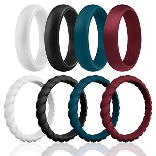 ROQ Silicone Rubber Wedding Ring for Women, Thin Braided Point Stackable Rubber Silicone Wedding Band, Bridal Jewelry Set, 2.55mm Wide 2mm Thick, 8 Pack, Black, White, Bordeaux, Dark Blue, Size 7