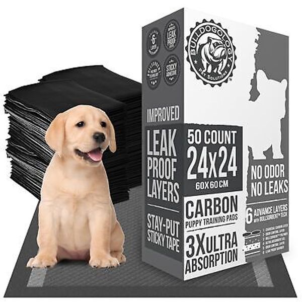 Bulldoglogy 50-Count Carbon Black Puppy Training Pads with Adhesive Tape 24x2...