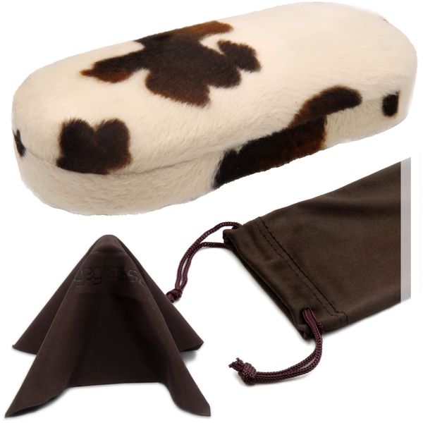 MyEyeglassCase Women Hard Glasses case – Eyeglass Case Hard shell in Pony Animal Print with Drawstring pouch and Microfiber - Small Sunglasses case Brown (AS166L Brown Pony)