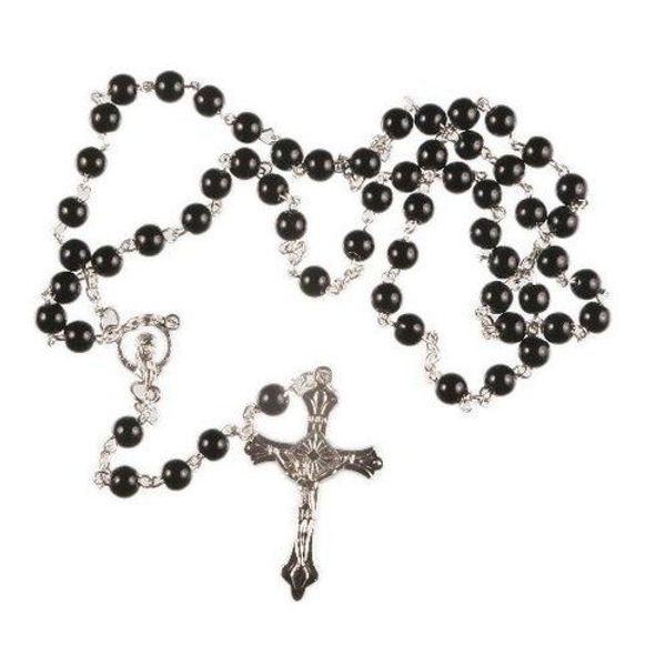 BLACK Glass Rosary Beads Rosaries Silver Metal Crucifix