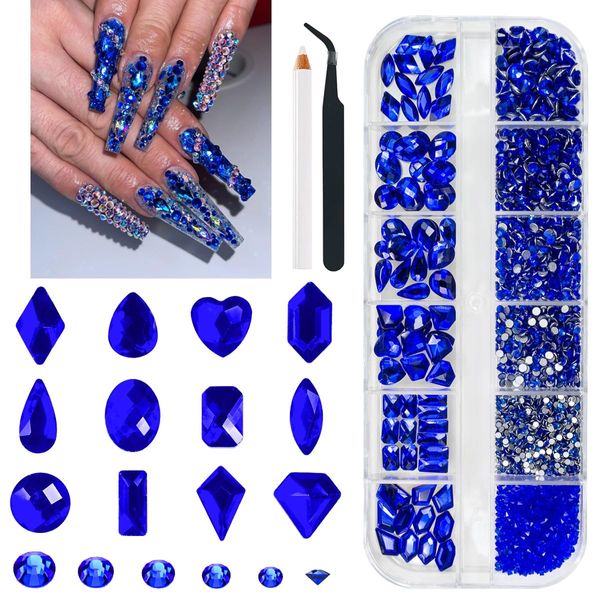 qiipii 2052Pcs Sapphire Blue Nail Art Rhinestones Kit Royal Blue Nail Charms Multi Shapes Crystal Flatback Rhinestones Big Gems + Round Beads Glass Stones Diamonds Jewels for Nails Faces Eyes Makeup