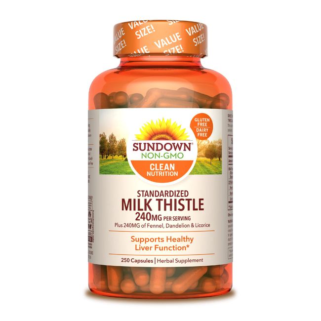 Sundown Standardized Milk Thistle 240 mg, Plus Fennel, Dandelion, and Licorice, Supports Liver Health, 250 Capsules