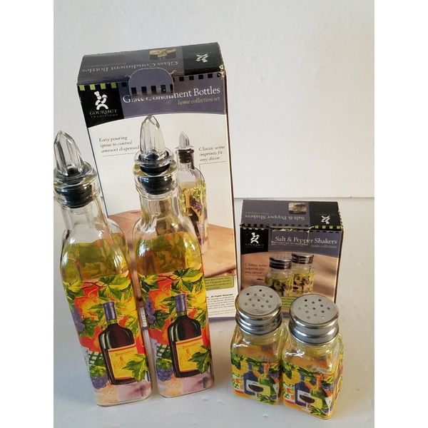 NEW Gourmet glass condiment bottles + Salt & Pepper shakers