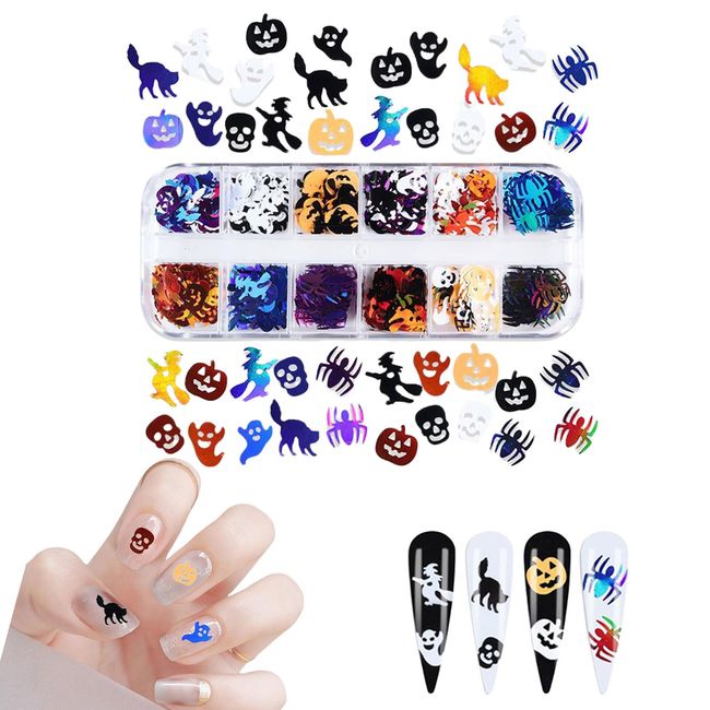 Halloween Nail Art Glitter Sequins 12 Grids Witch Ghost Pumpkin Skull Pattern Nail Glitter Flakes Halloween Party Nail Art Decal Decor Parts DIY Craft