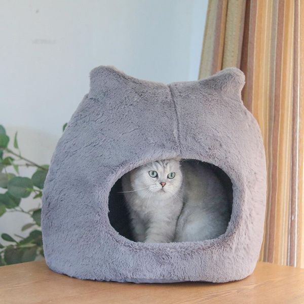 Cozy Retreat: Removable And Washable Semi-Closed Cat Bed For Autumn And Winter - Cat Ears Gray