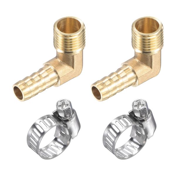 uxcell Brass Hose Barb Fitting Elbow 8mm x G1/4 Male Thread Right Angle Pipe Connector with Stainless Hose Clamp 2 Pack