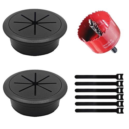 2 Pack Desk Grommet 2 Inch (50 mm), Desk Hole Cover for Cables, Black Desk Cord Hole Cover for Office Home Table, Cable Grommet with 1 Hole Saw Drill Attachment & 6 Cable Ties