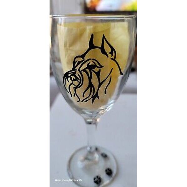 Miniature Schnauzer Pet Dog Face Portrait Paw Print Painted Black Wine Glass Cup