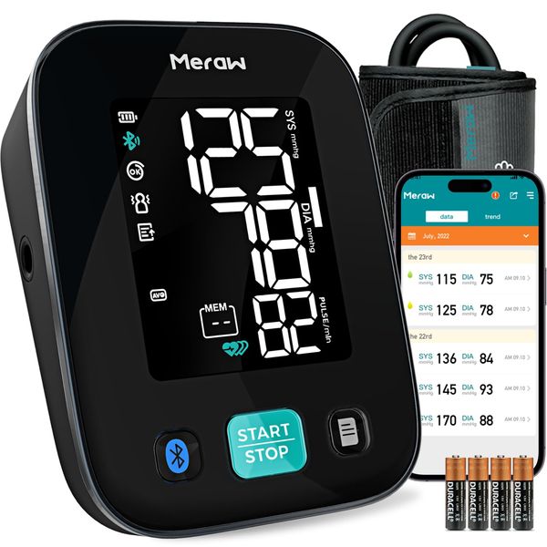 Meraw Blood Pressure Monitors for Home Use with APP Health Tracking, Blood Pressure Cuff Arm 8.6-16.5' with Automatic Pressurization, Irregular Heartbeat Monitoring, 8 AAA Batteries (Black)