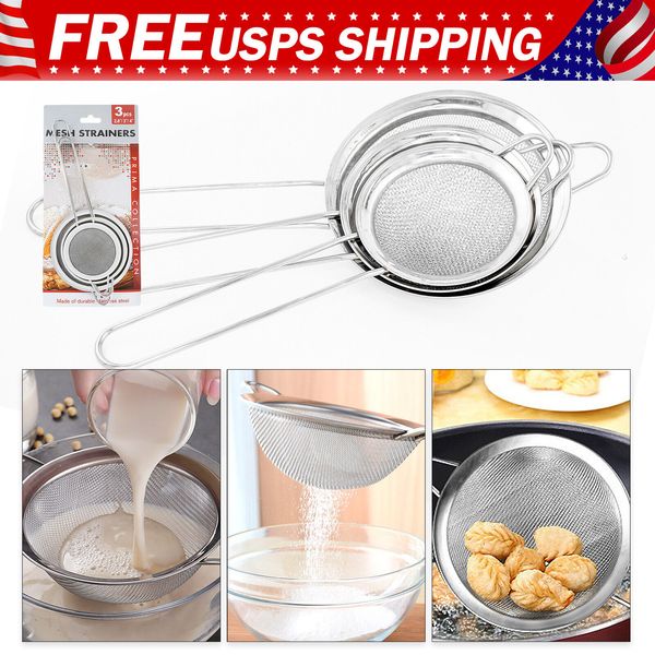 3PCS Kitchen Fine Mesh Strainer Stainless Steel Liquid Colander Sieve Strainer