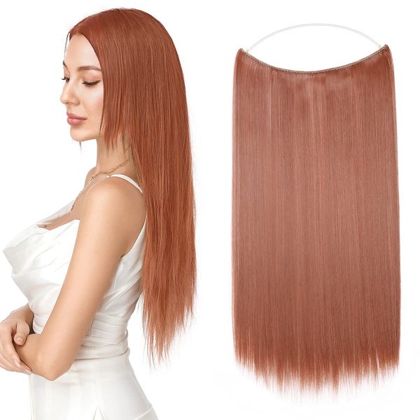 Silk-co One Piece Wire in Hair Extensions 20inch Long Straight Hairpiece No Clip Synthetic Hair Wire String Redish Brown