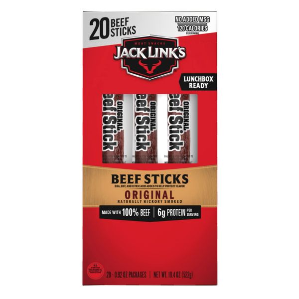 Jack Link's Beef Sticks, Original – Protein Snack, Meat Stick with 6g of Protein, Made with 100% Beef, Individually Wrapped Beef Snack Sticks – 0.92 Oz. (20 Count)