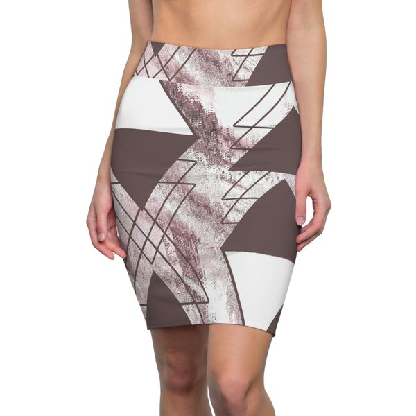 High Waist Womens Pencil Skirt - Contour Stretch, Mauve Rose and White Triangular Colorblock - M / 4 oz.