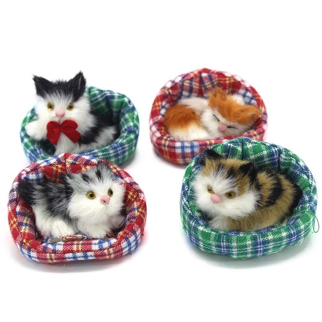 Coolayoung 4Pcs Sleeping Cat in Cattery Doll Toy, Mini Kitten on Pet Pad Decor for Office Desk Hand Toy Gift for Kids Boys Girls