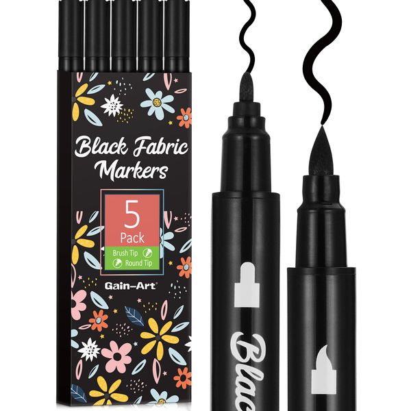 Gain-Art Black Fabric Markers - Dual-Tip Fabric Markers Permanent for Clothes - Non-Toxic Fabric Paint Pens for Personalizing Shirts Bags Hats Canvas, and Textiles