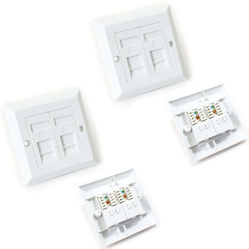 2x Double Port CAT6 IDC Wall Outlet Face Plate - 2 Way RJ45 Network ...