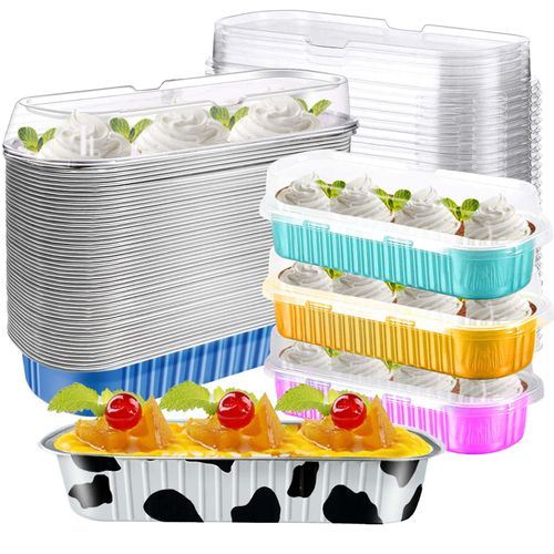 JOYKLE Mini Cake Pans with Lids,50 Pack Mini Loaf Baking Pans and Lids Covers,Aluminum Foil Long Baking Cups,Disposable Foil Cupcake Liners for Brownie Cake Bread Loaf Muffin (Multi)