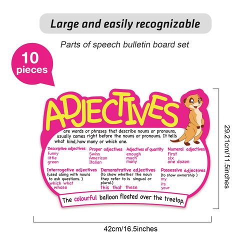 10 Pieces Parts of Speech Poster Grammar Poster Educational Grammar Cutouts Bulletin Board Set Classroom Must Haves for Teachers Elementary Homeschool Essentials, 16.5 x 11.5 Inches