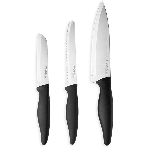 nuovva Sharp Kitchen Knife Set – 3pcs Black Kitchen Knives – Stainless Steel Non Stick Blades – Includes Chefs Knife, Tomato Knife and Paring Knife