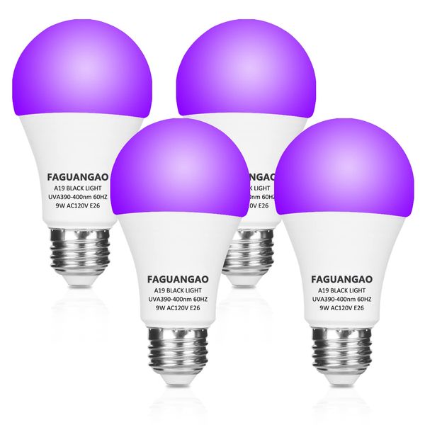 FAGUANGAO LED Black Light Bulb,12W(100Watt Equivalent) A19 UV Blacklight Bulb,120V,UVA Level 390-400nm,E26 Medium Base,Glow in The Dark for Blacklight Party,Fluorescent Poster,Neon Glow(2 Pack)