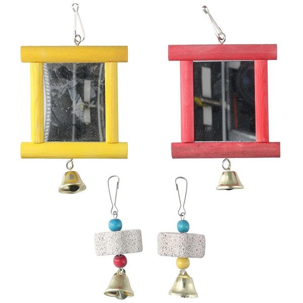 GetCoupon Parrot Colorful Mirror Teeth Grinding Stone Set, 2 Pcs Hens Hanging Swing Mirror Toys with Bells and Beak Grinding Molar Stones