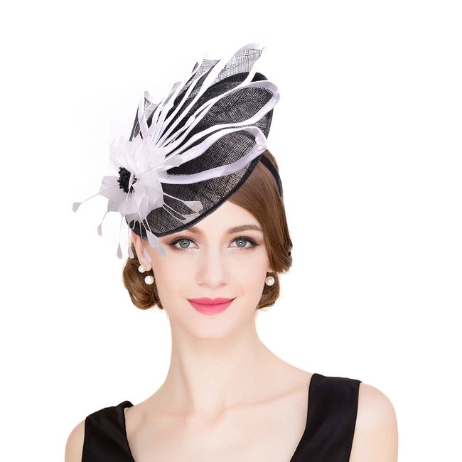 Lawliet Elegant Sinamay Feather Headband Hat Fascinator Wedding Headwear Ladies Day Race Royal Ascot (Black & White)