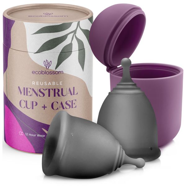 EcoBlossom Reusable Menstrual Cup and Case - The Most Reliable Medical Grade Silicone Period Cups - Comfortably use for 12 Hours (Small (Pack of 2), Gray Cup & Case)